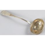 A 19thC sifter spoon, marked F Gely, Old English pattern, with an oval part pierced bowl, white