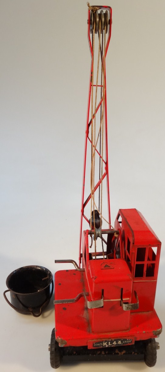 A 1950's LA Ross tin plated crane, stamped Jones K L 44, in red with an articulated base and