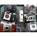 Various cameras, to include Ilford Sprite, 9cm high, Selette Pronto camera and lens in brown leather