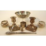 Various 20thC silver, to include a pair of dwarf candlesticks, 9cm high, button hook, open salt with