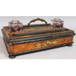 A late 19thC walnut ebonised and gilt metal inkstand, with oblong outline centred by a metal