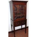 A 19thC mahogany display cabinet, with a carved overhanging top raised above an astragal glazed