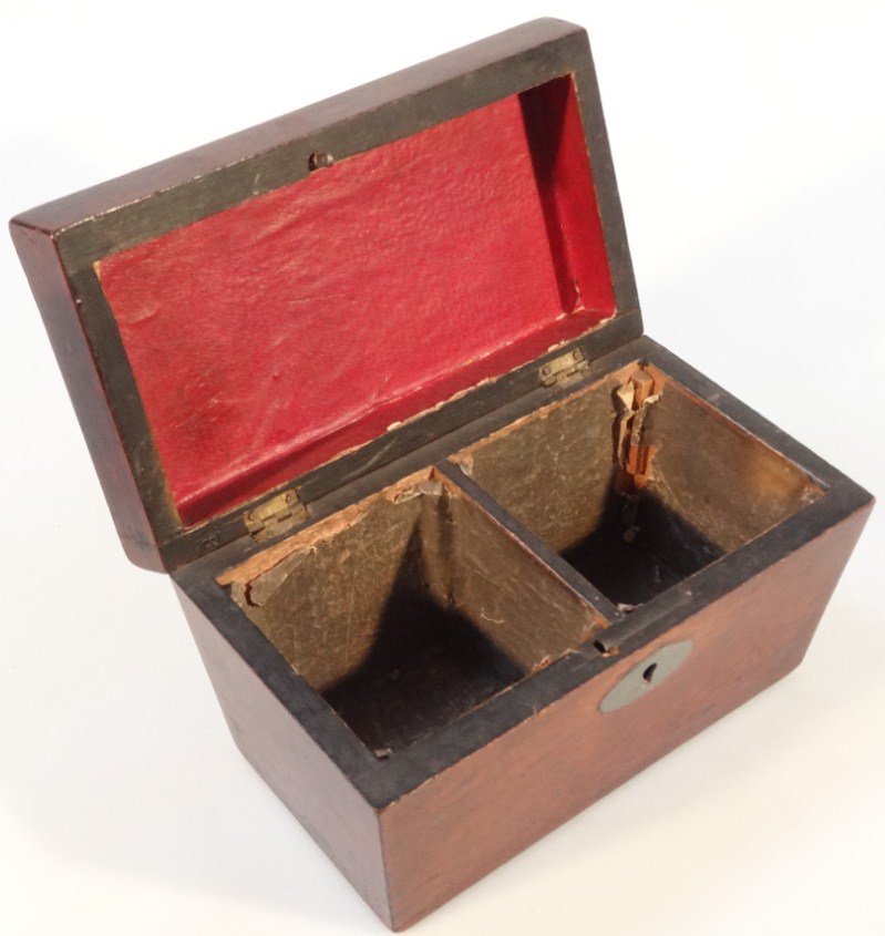 A 19thC mahogany tea caddy, the sarcophagus outline with hinged lid revealing a two sectional - Image 2 of 2