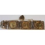 A 9ct gold gate bracelet, with heart shaped clasp set with three Victorian sovereigns (all head