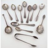 Various George V and later silver teaspoons, sugar bows, 12cm high, 6oz all in, etc. (a quantity)