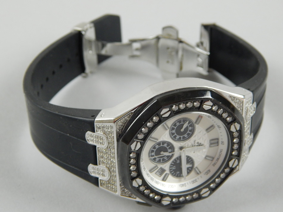 A Techno modern wristwatch, with white dial, and three smaller dials in black, with diamond - Image 2 of 2