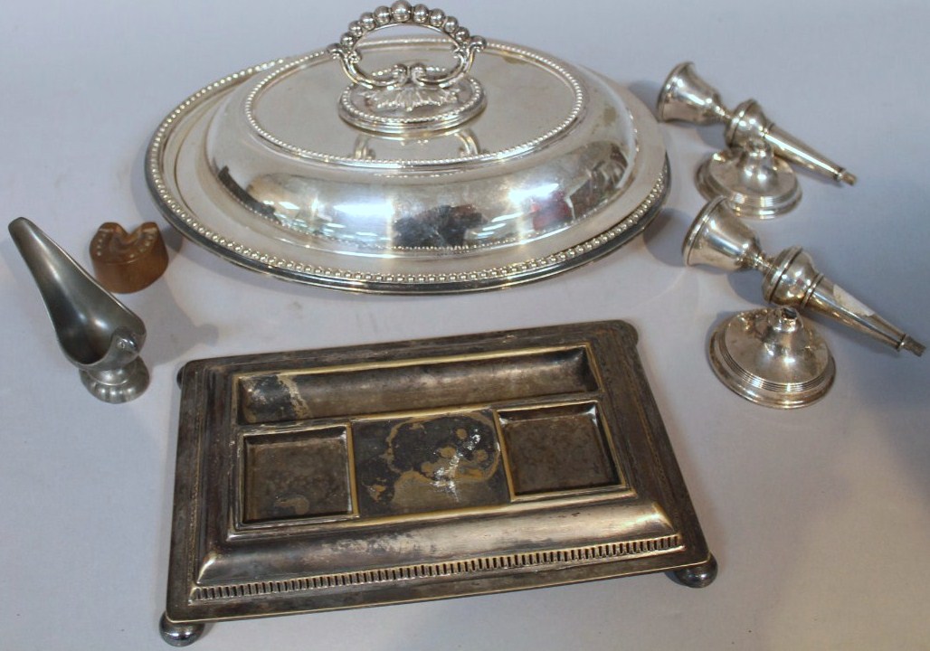 Various silver and plate, to include two scrap candlesticks, a plated entree dish, 28cm wide,