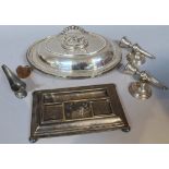 Various silver and plate, to include two scrap candlesticks, a plated entree dish, 28cm wide,