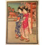 19thC Japanese School. Geisha girls before buildings, rice paper print, possible hand touched,