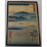 A Hiroshige ink block print, of lake fisherman and Fujiyama, picked out in colours, signed, 34cm x