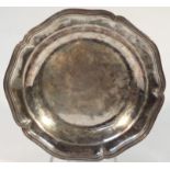 An early 19thC Old Sheffield plate dish, set with a coat of arms to one top on a rounded base,