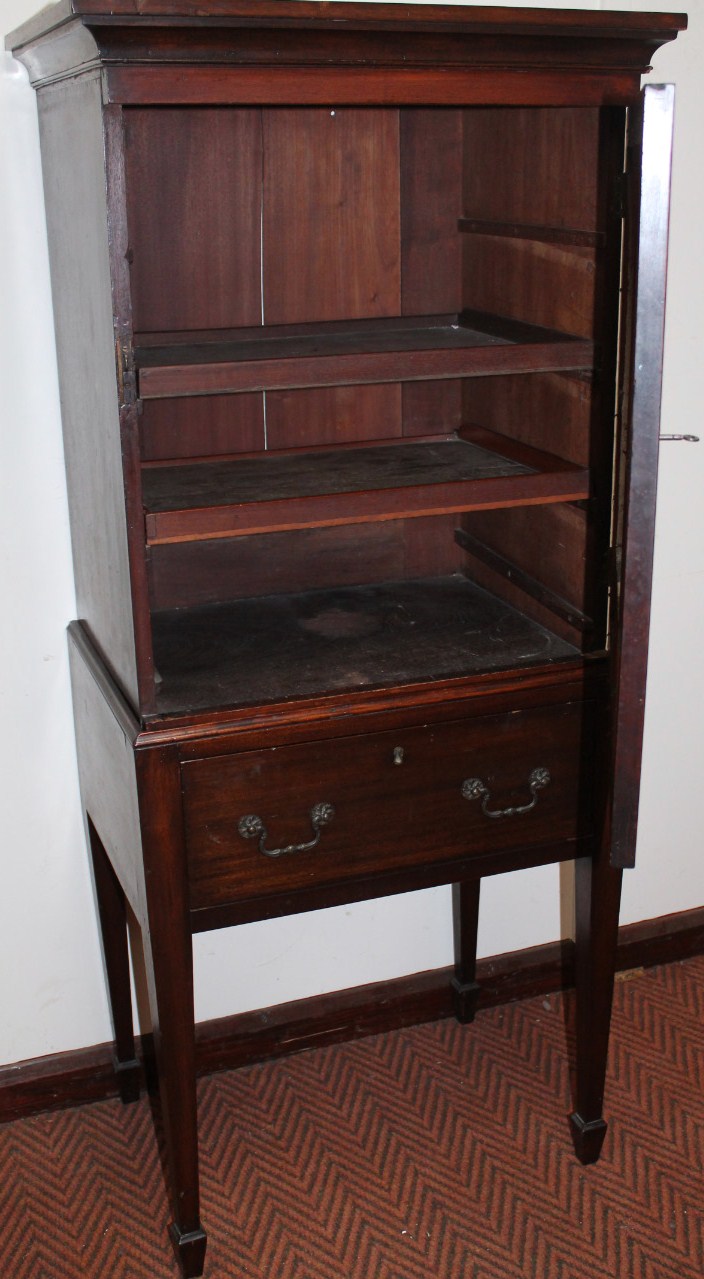 A 19thC mahogany display cabinet, with a carved overhanging top raised above an astragal glazed - Image 2 of 3