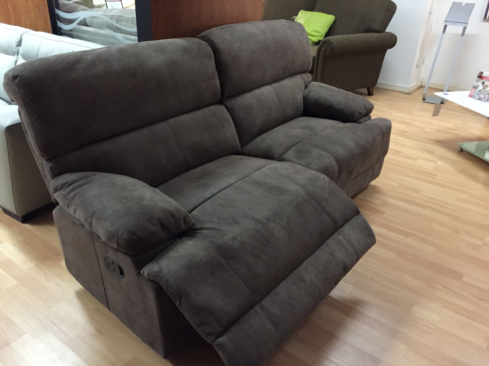 3 seater sofa, dark brown microfibre (feels like suede), manual recliner (matching lot 60)