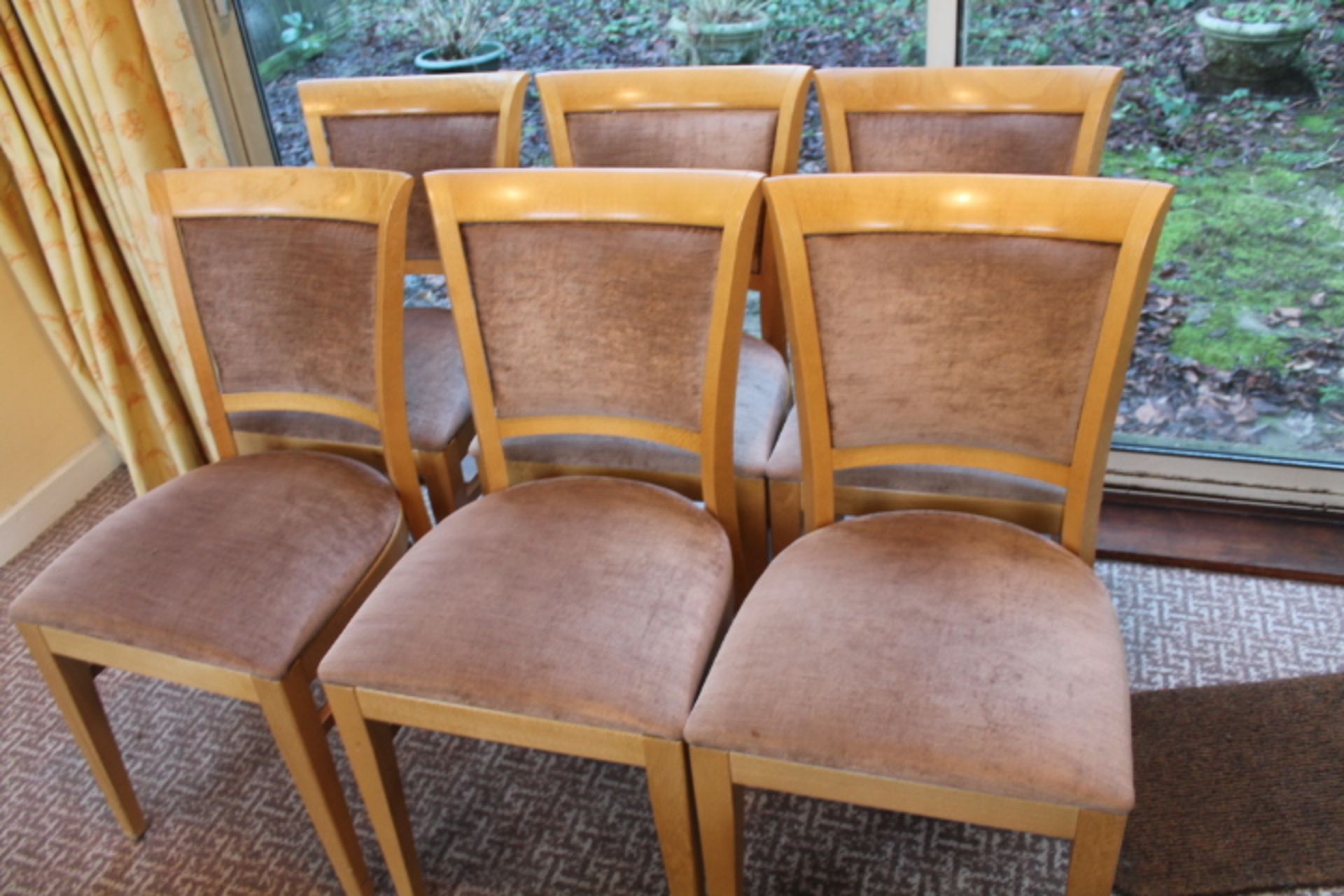 Lot of Six Beech framed dining chairs with salmon coloured velour upholstery - Image 2 of 2