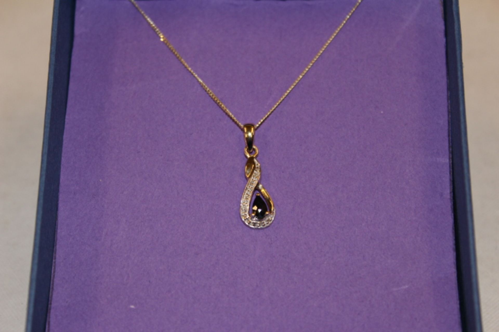 V Gold Sapphire & Diamond Pendant On Gold Chain