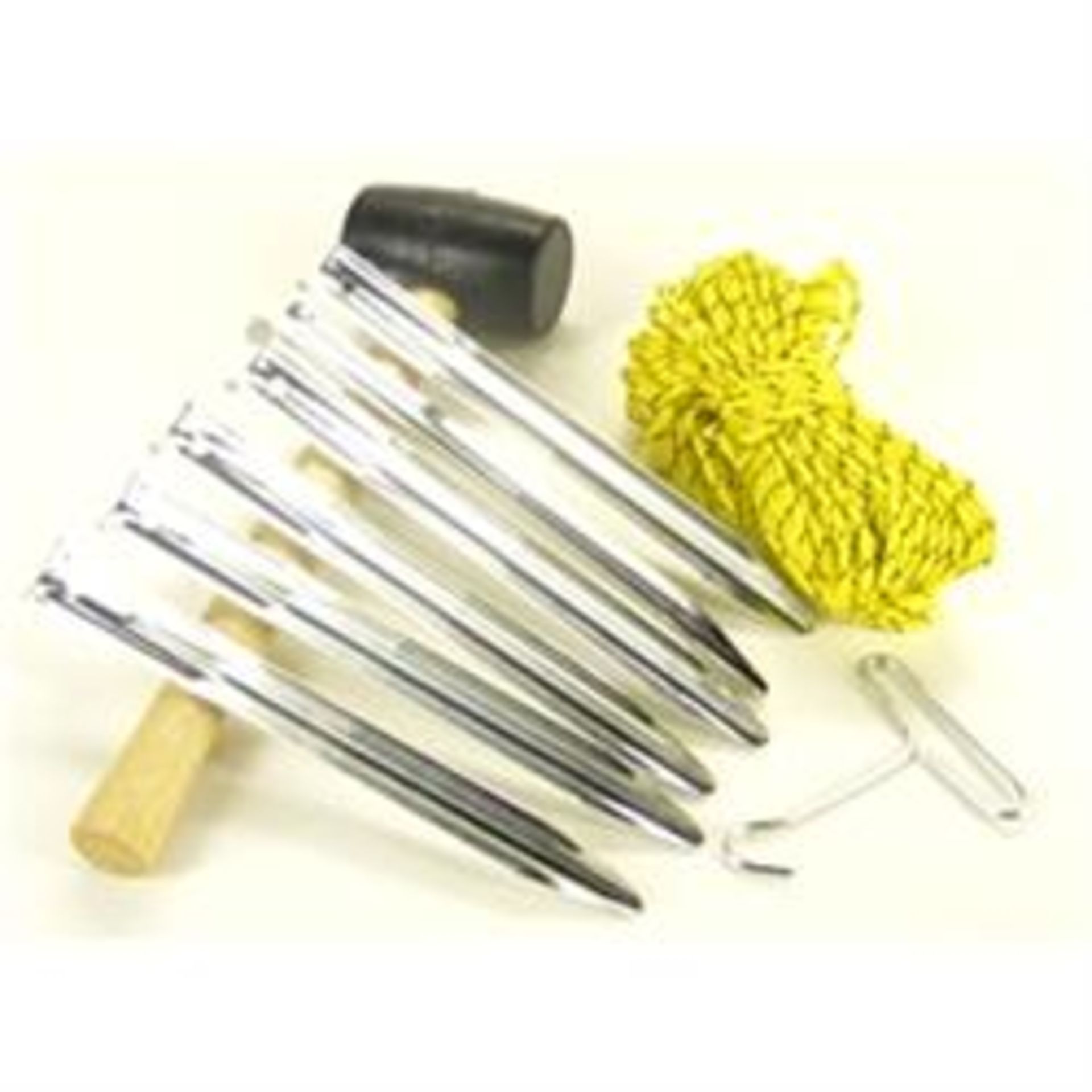 V Boxed Camping Accessory Set To Include  Mallet - Steel Pegs - High Vis Rope And Peg Extractor