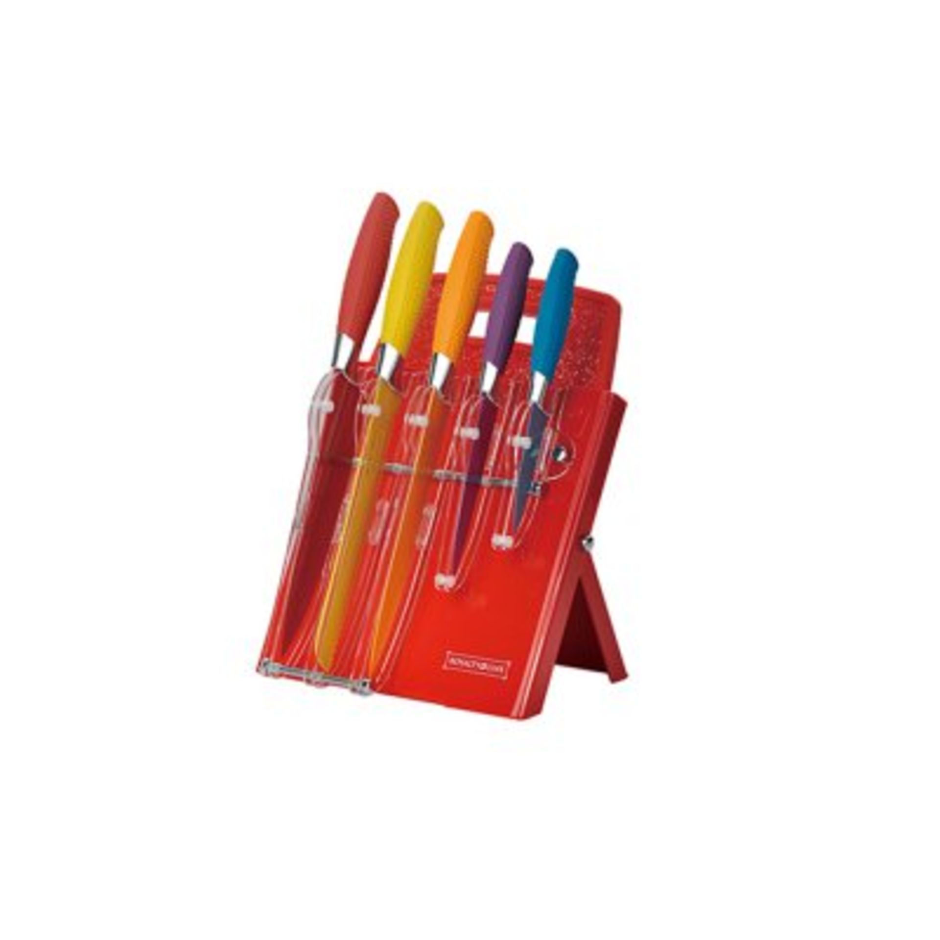 V 7pc Coloured Knife Set With Acrylic Stand And Cutting Board RRP 149 Euros