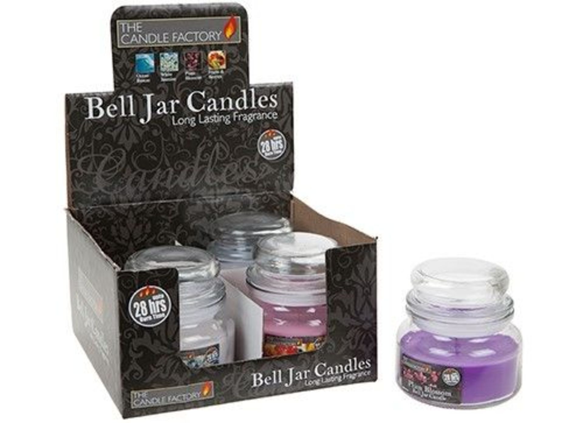 V Box of Four (The Candle Factory) Assorted 28 Hour Fragrance Candles In Bell Jars