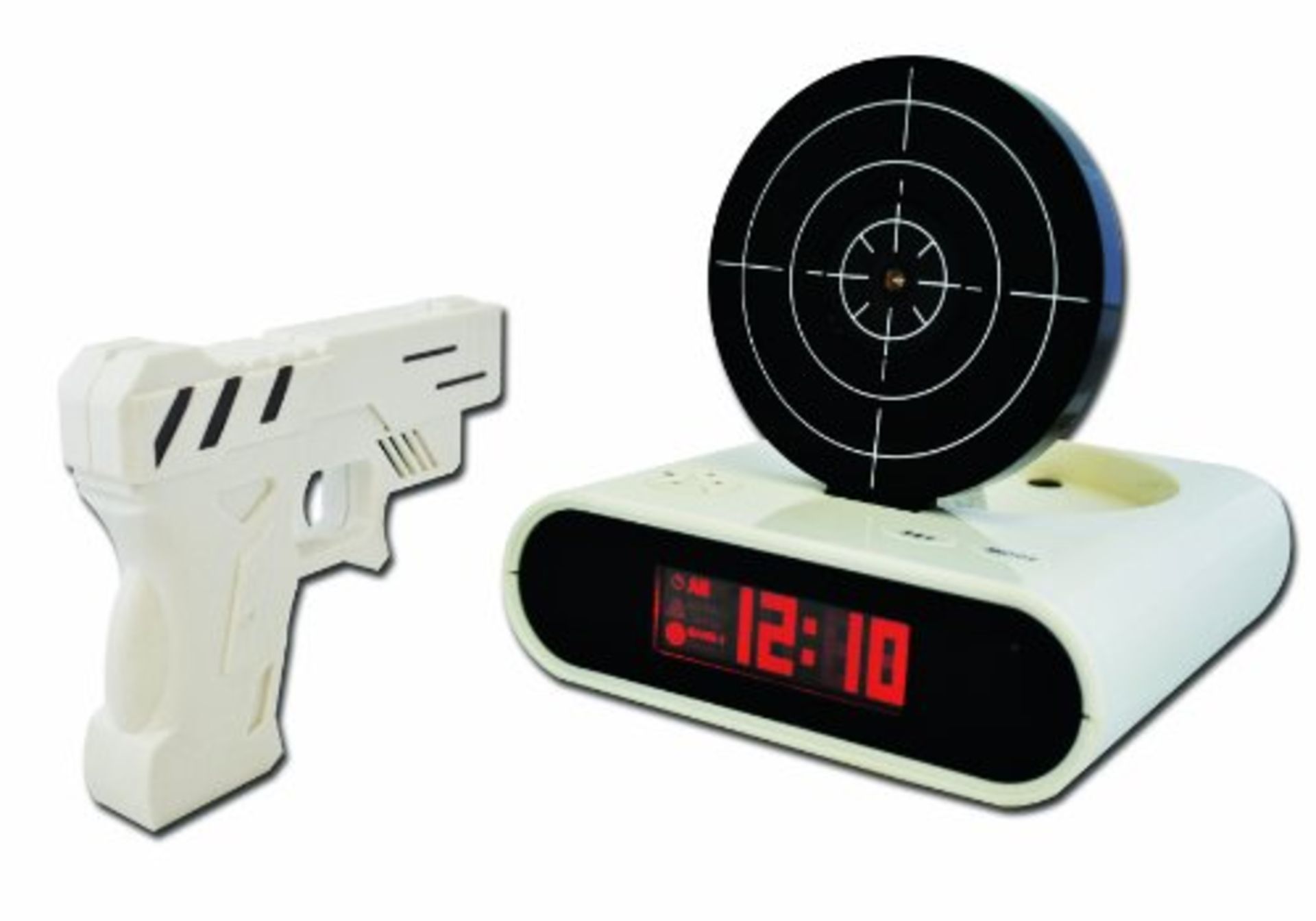 V Target practice alarm clock complete with electronic gun