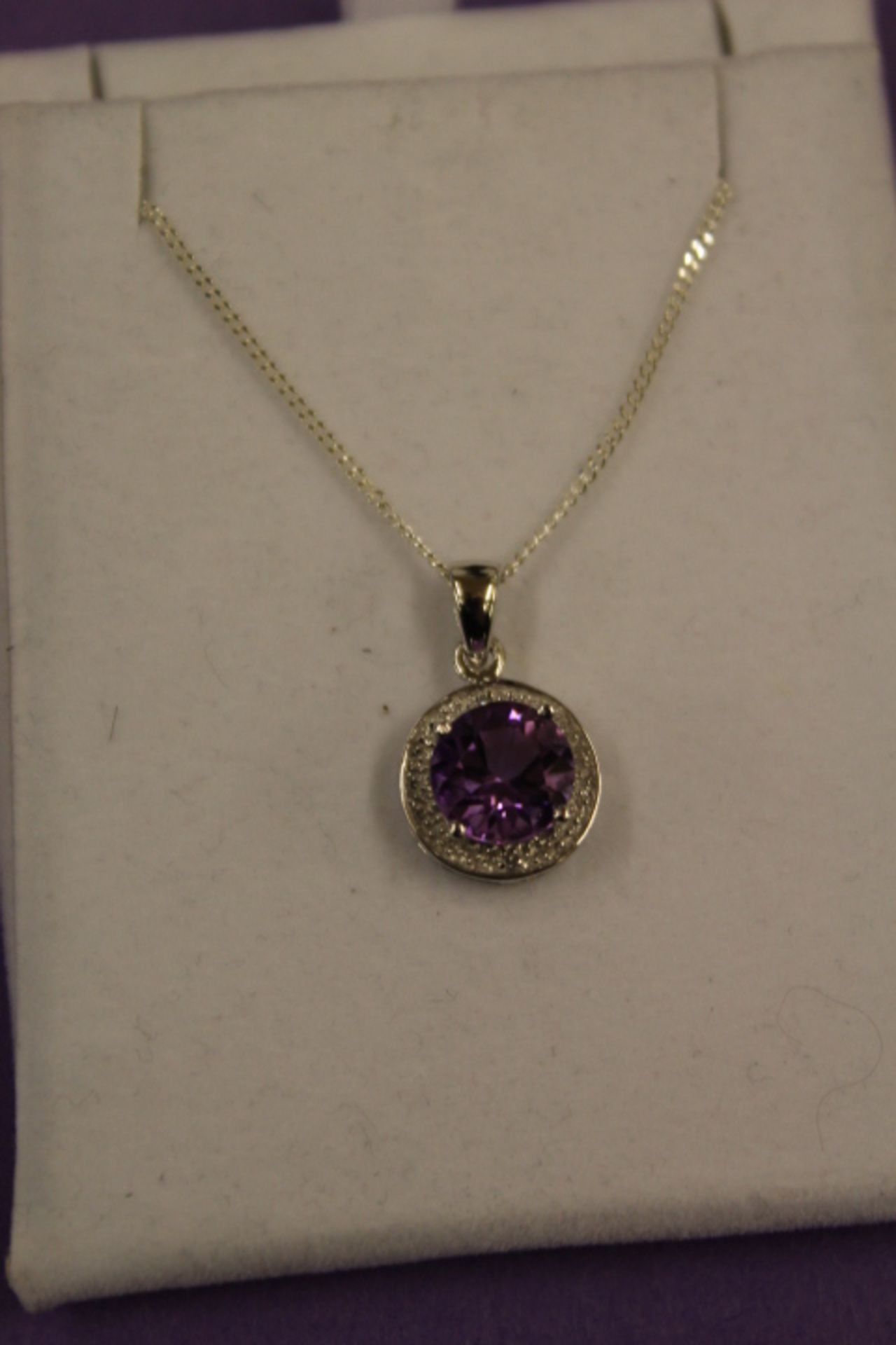 WM (925) Amethyst & Diamond Pendant On Silver Chain