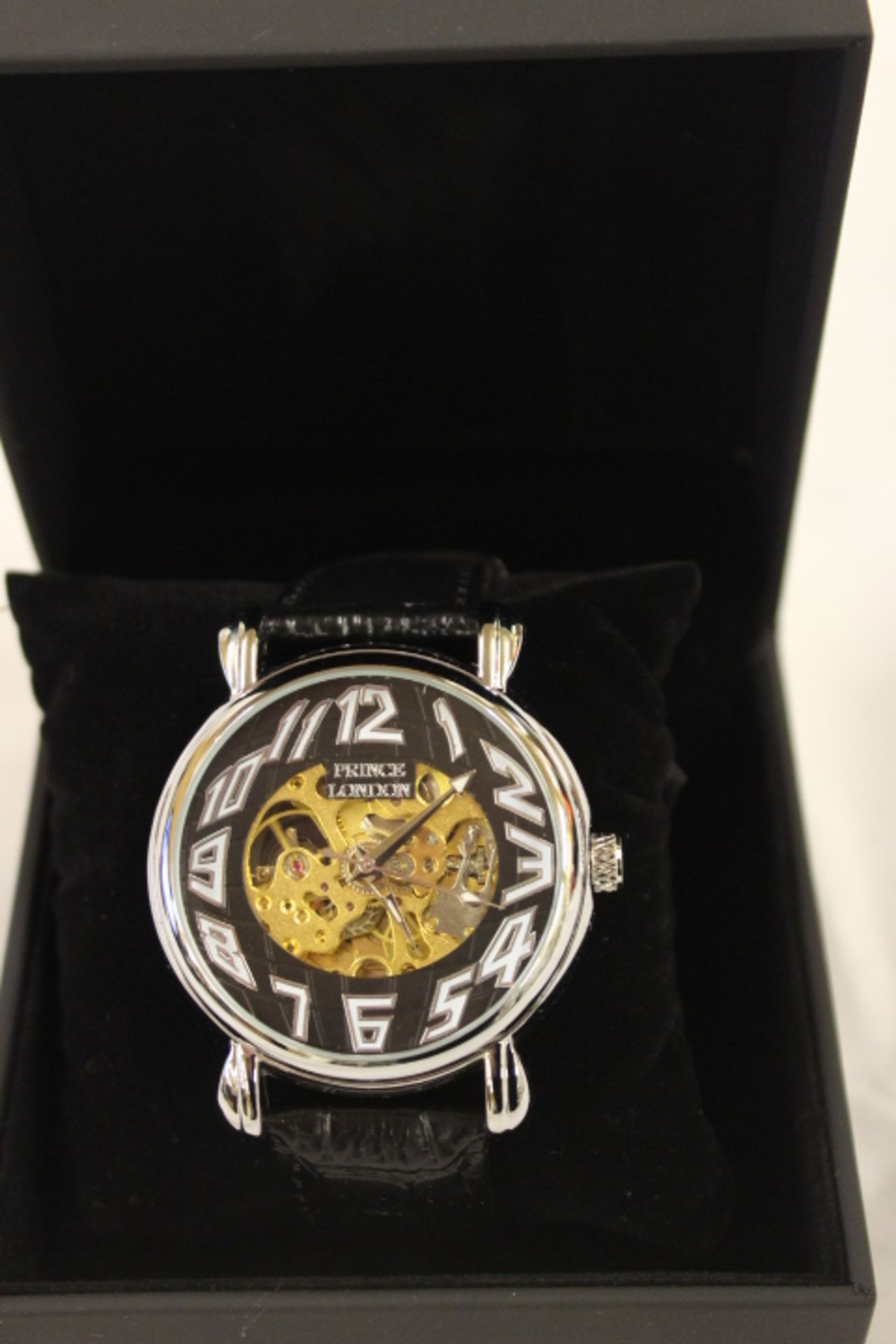 V London Skeleton Automatic Gents Watch With Black Face and black Leather Strap