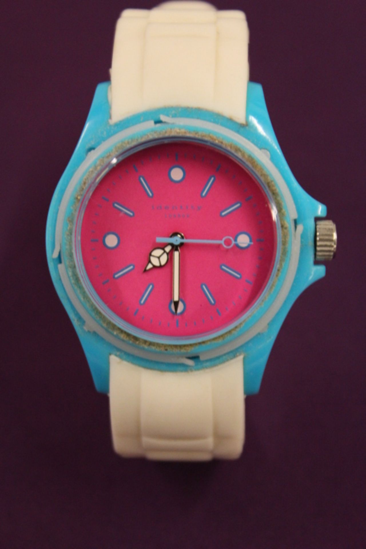 V White Strap Pink Face Blue Bezel Identity Watch