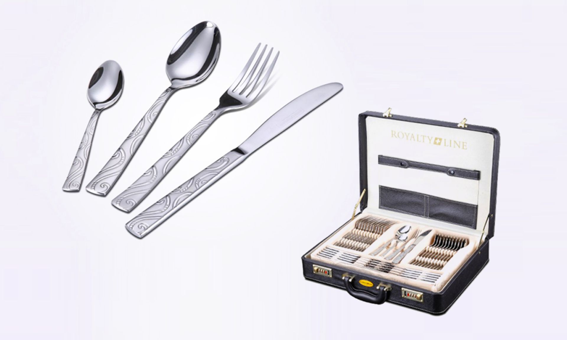 72pc Royalty Line Milan Stainless Steel + Satin Cutlery Set In Fitted Case RRP 999 Euros - Image 2 of 2