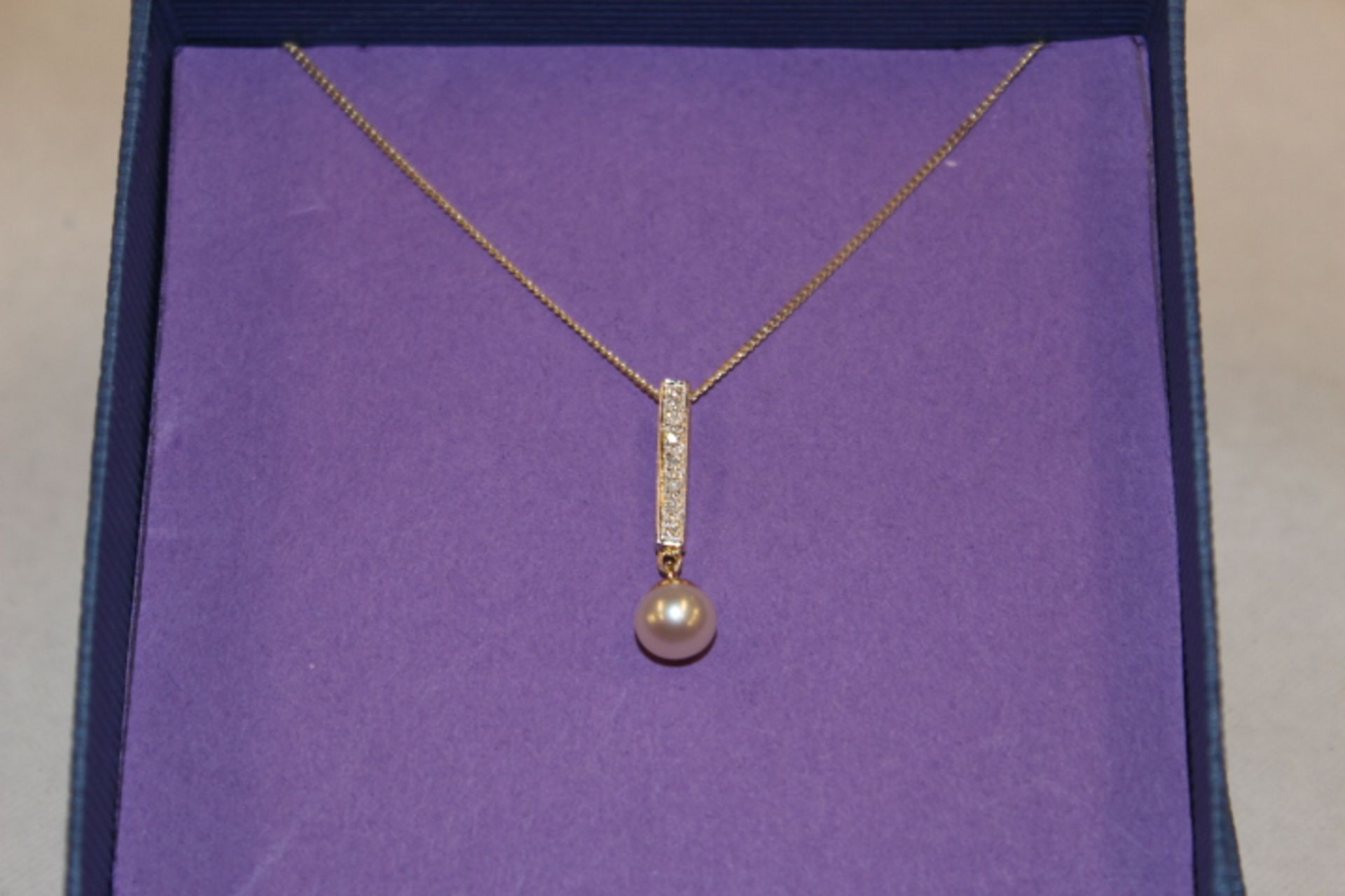 V Gold Diamond & Pearl Pendant On Gold Chain