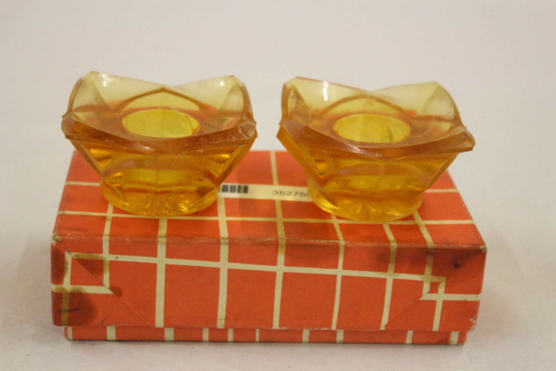 Yellow Glass Candlestick Holders - Image 3 of 3