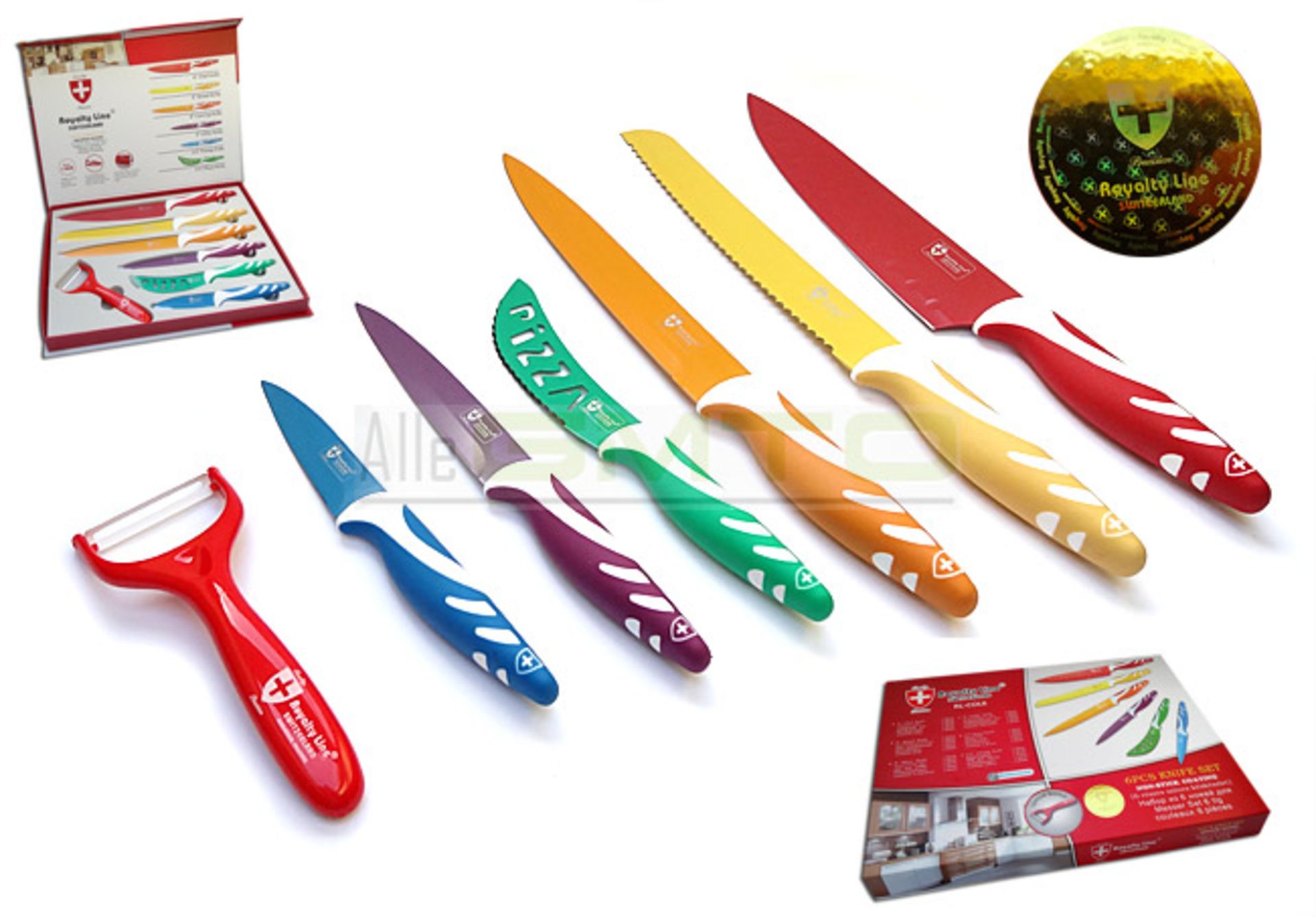 V 7 Piece Non-Stick Multi Coloured Knife Set RRP99.00 Euros (Handle pattern varies from photo) - Image 3 of 6