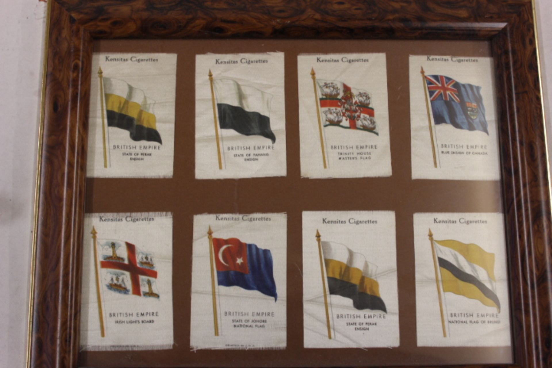 V 8 Kensitas Cigarettes silk pictures of British Empire Flags in a frame