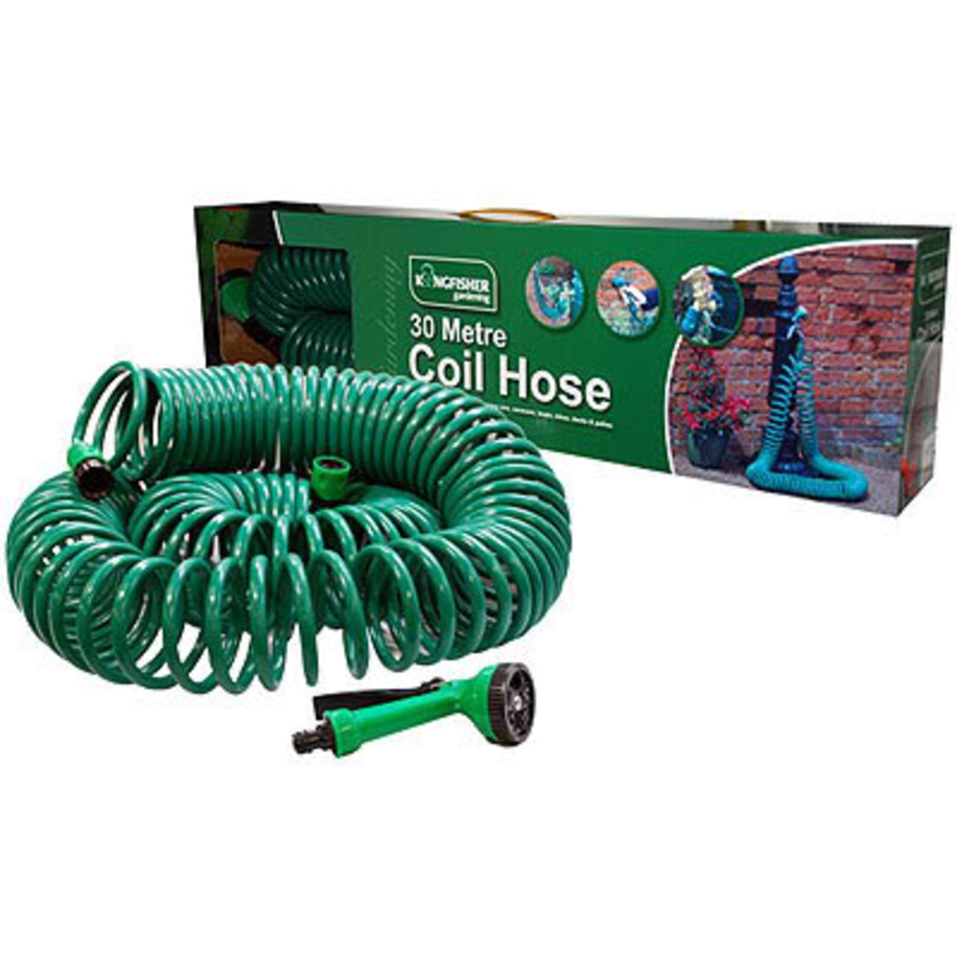 30 Metre Coil Hose With Nozzle And Tap Connectors Etc