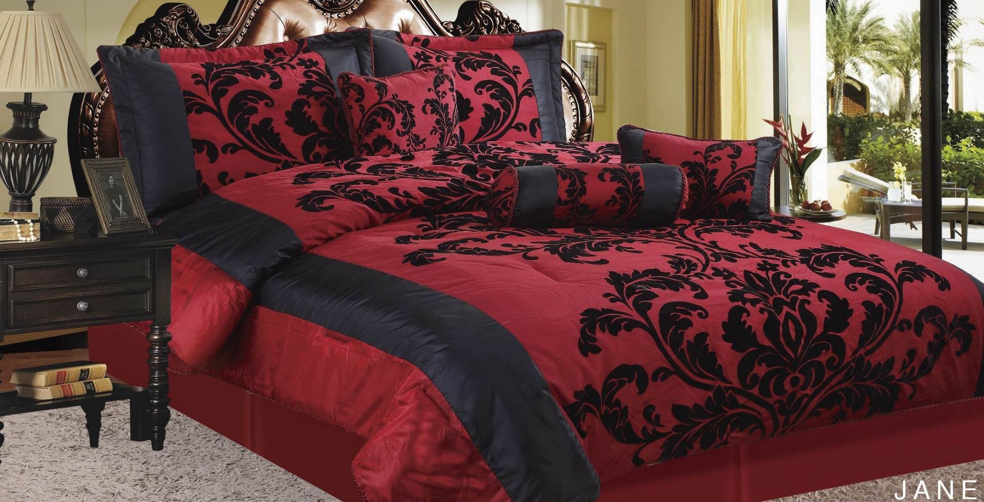 V 3pce Jane Red And Black King Size Bedspread And Pillowcase Set RRP79.99