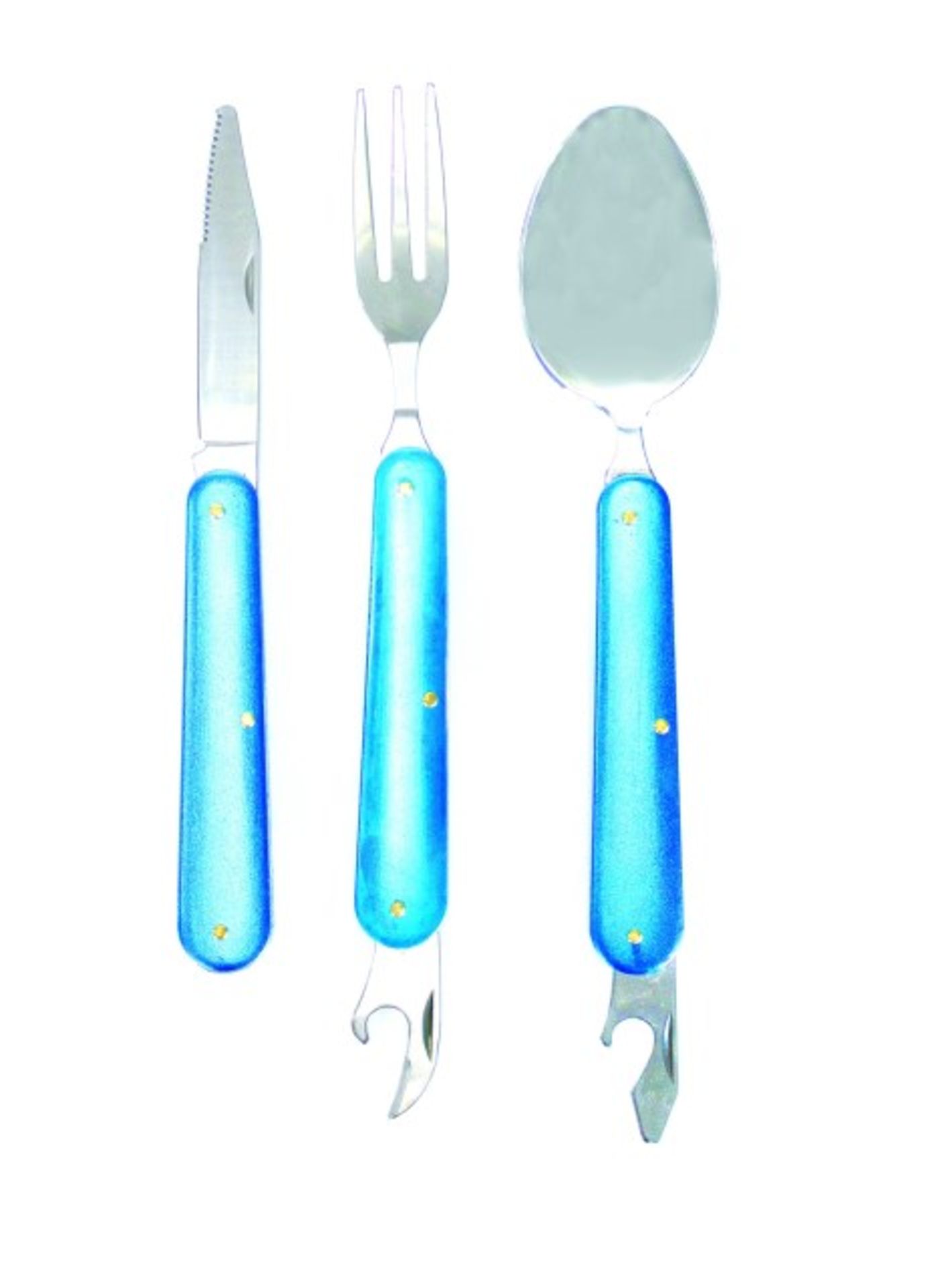 V 3 Piece Stainless Steel Camping Cutlery Set Folds Easily Into Handle & Includes Foldout Can Open