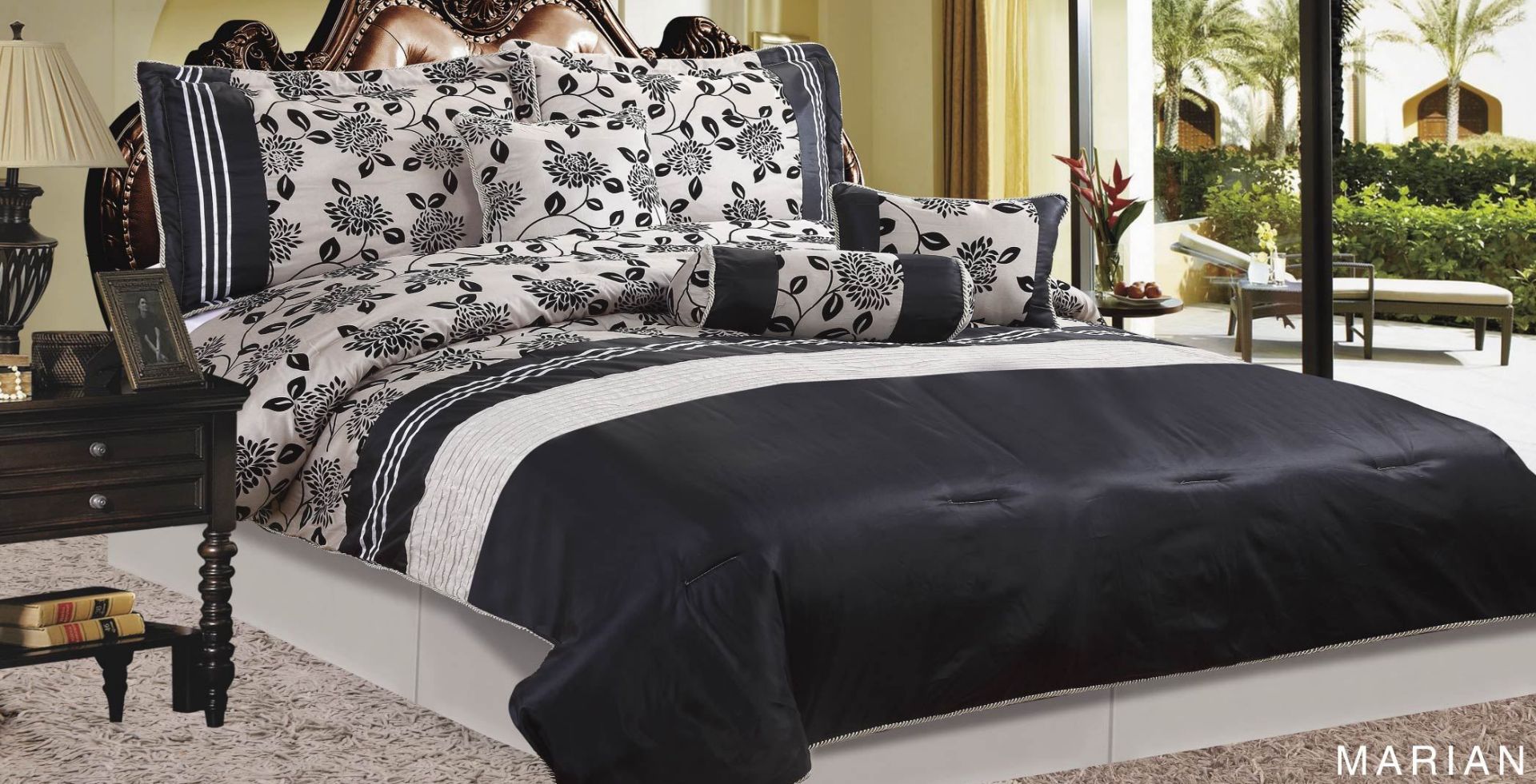 V 3pce Marian Cream And Black King Size Bedspread And Pillowcase Set RRP79.99 X  2  Bid price to