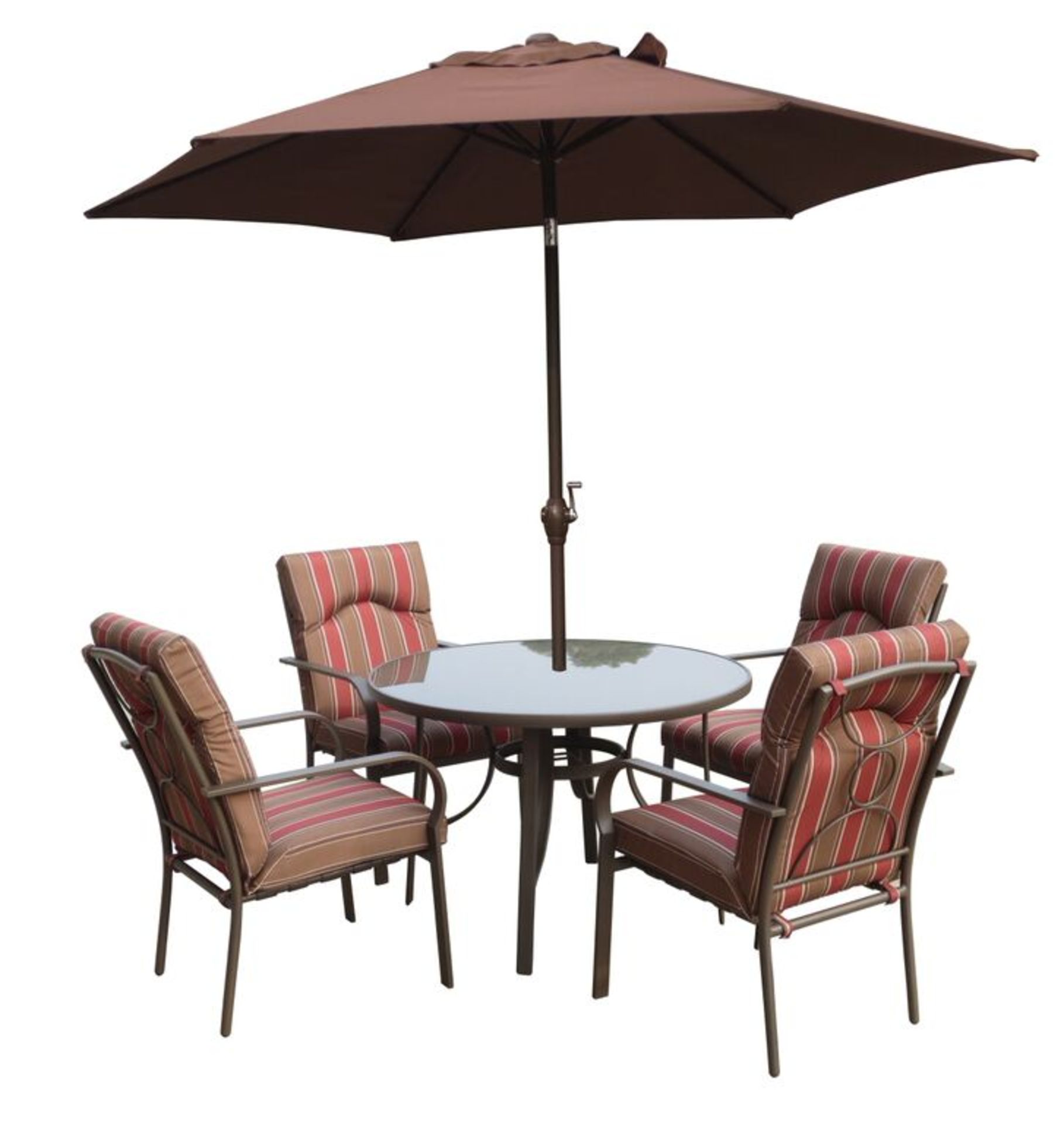 V  Grade A Amlafi Six Piece Round Garden Set With Chocolate Parasol 105cm Table RRP £799