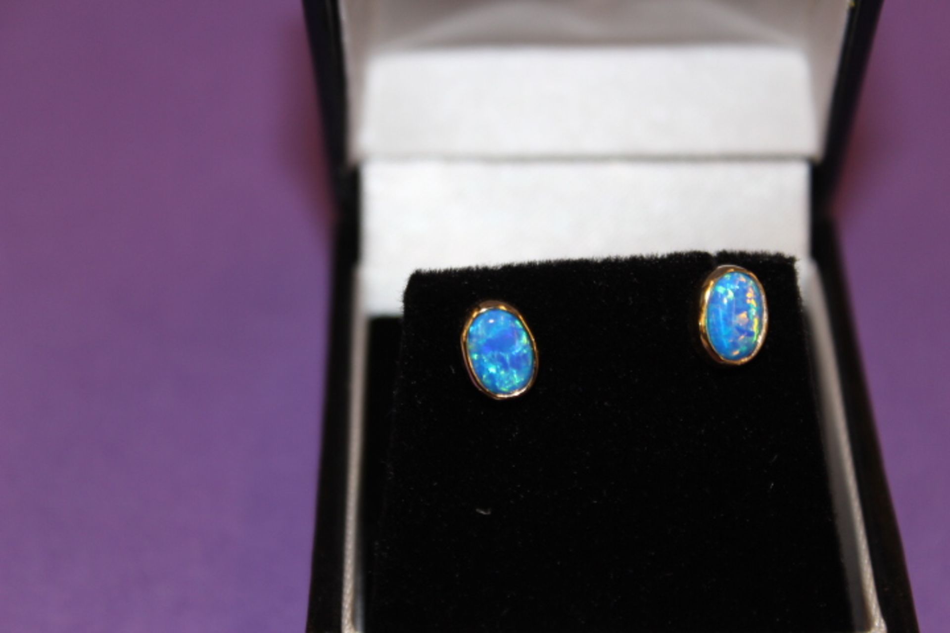 Pair Gold Blue Opal Earrings