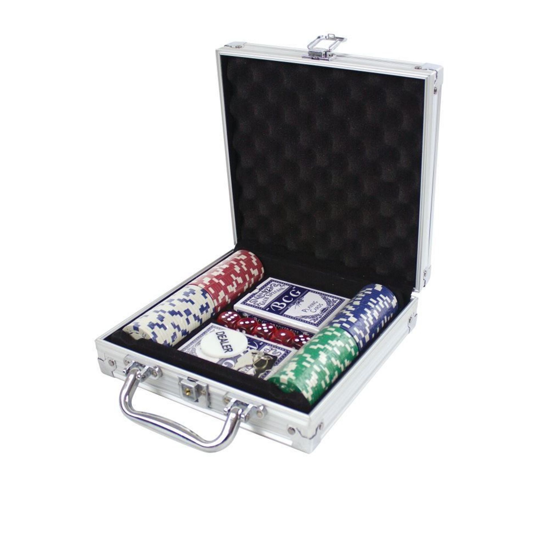 V Grade A 100 pce Casino Style Poker Game Set With Lockable Aluminium Carry Case 2 Decks 5 Dice