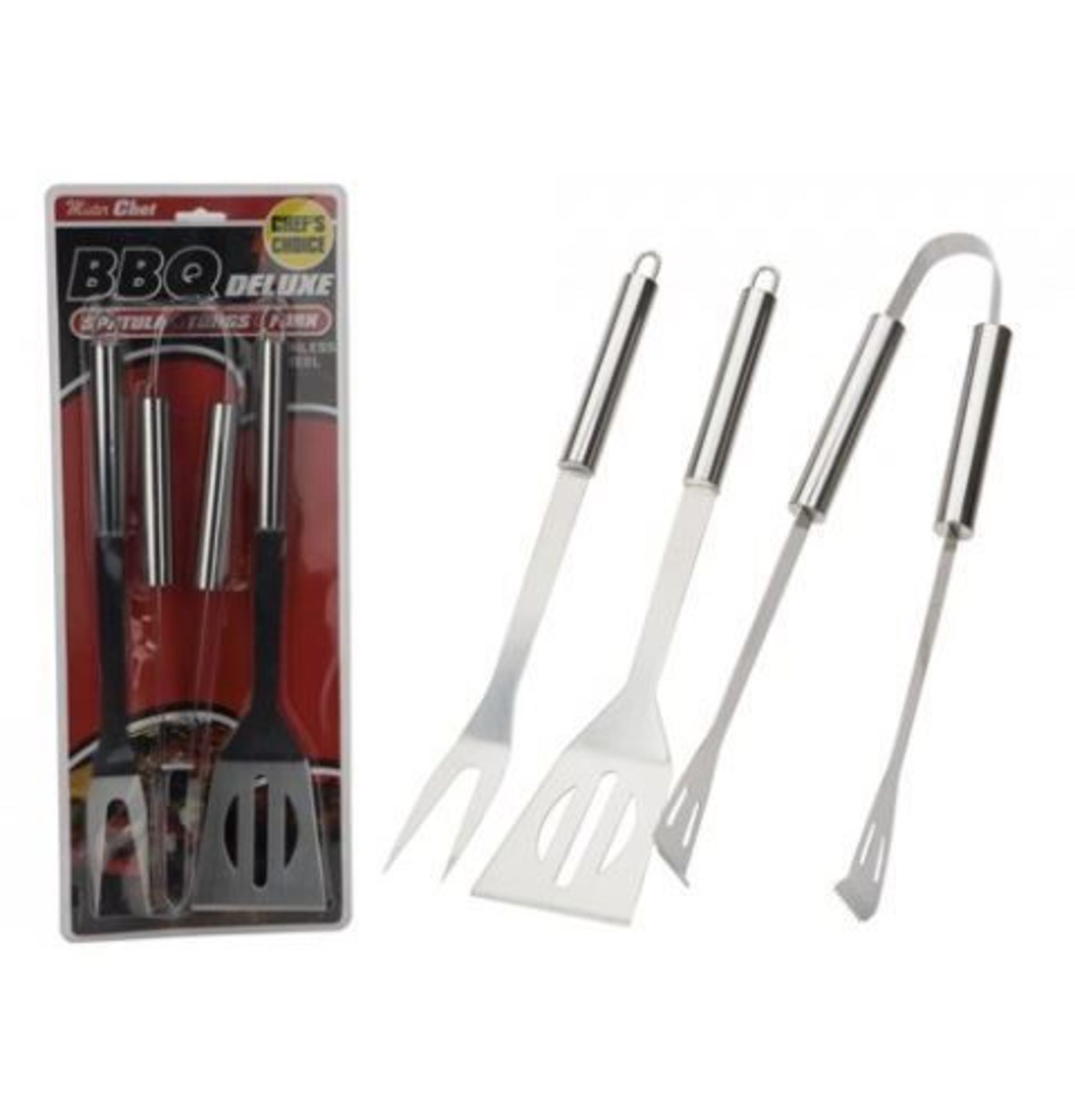V Grade A Three Piece BBQ Tool Kit With Stainless Steel Handles