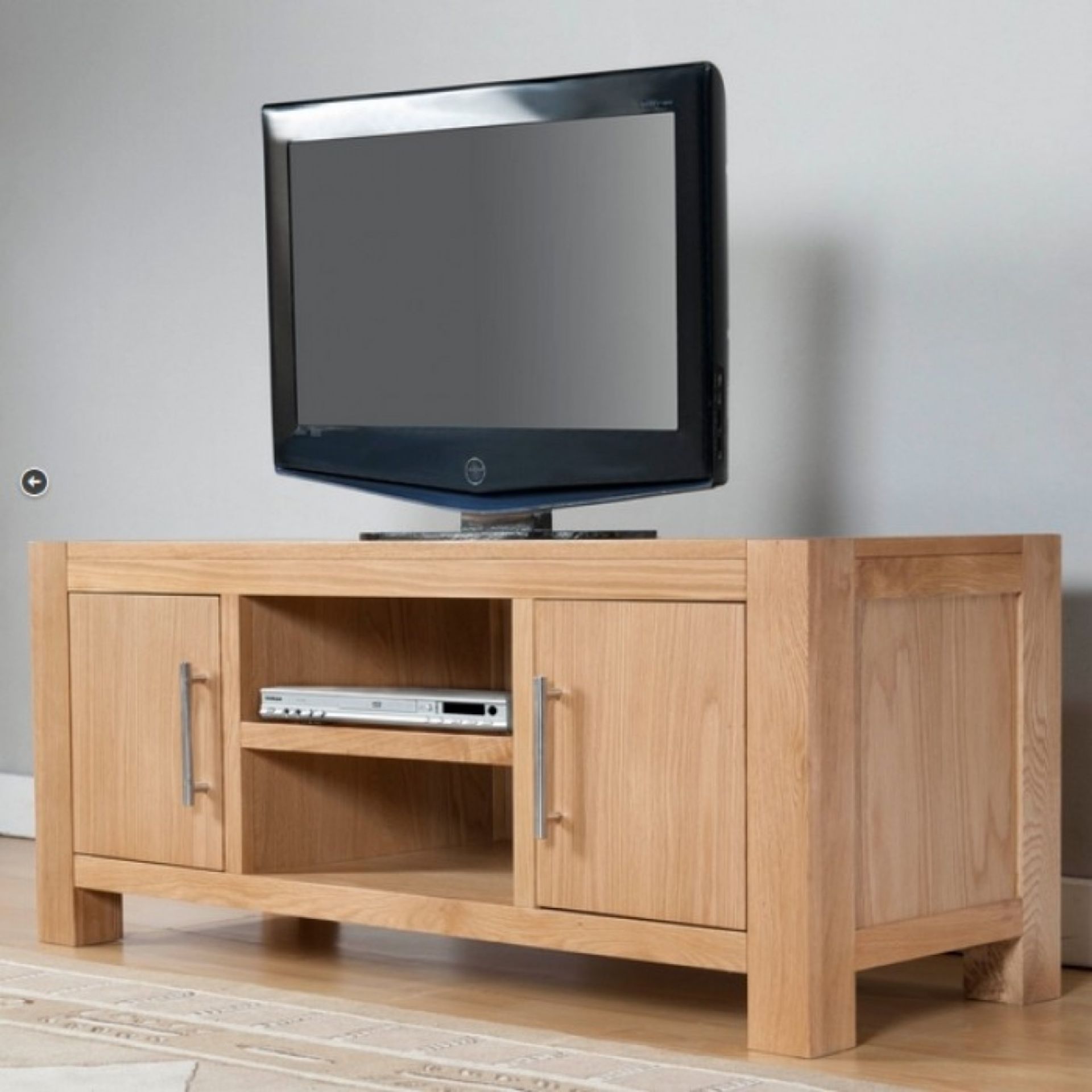 V Grade A Brand New Lucerne Oak TV Chest Cabinet With Two Doors And Two Shelves In The Centre