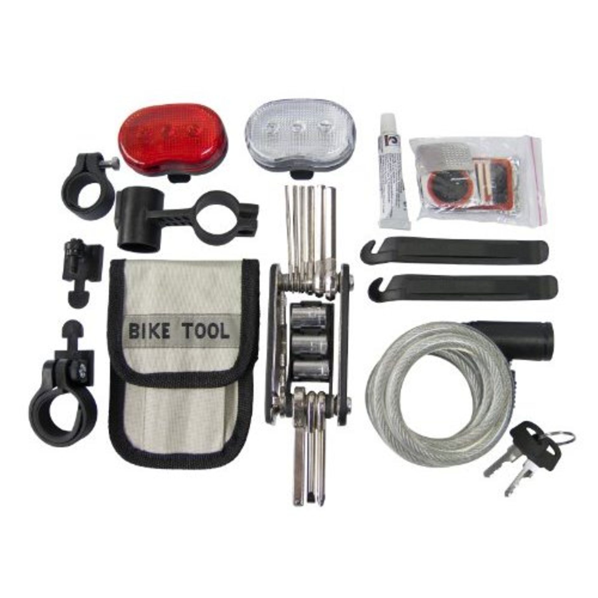 V Brand New Bicycle Accessory Set Includes Multi Tool - Sockets - Lock - Puncture Kit - Front & Rear