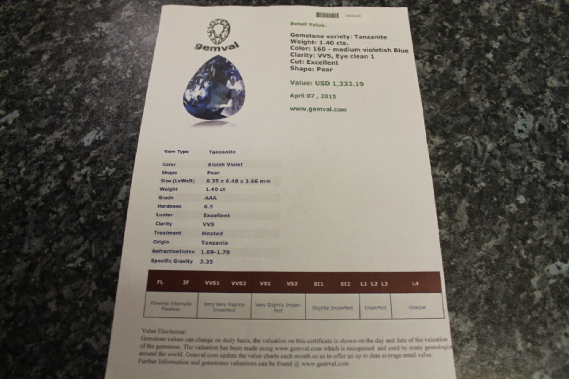 Tanzanite 1.4ct Gem With Valuation Ceritificate - Gem Valued At $1333.19 (Approx £896.86) - Image 2 of 2