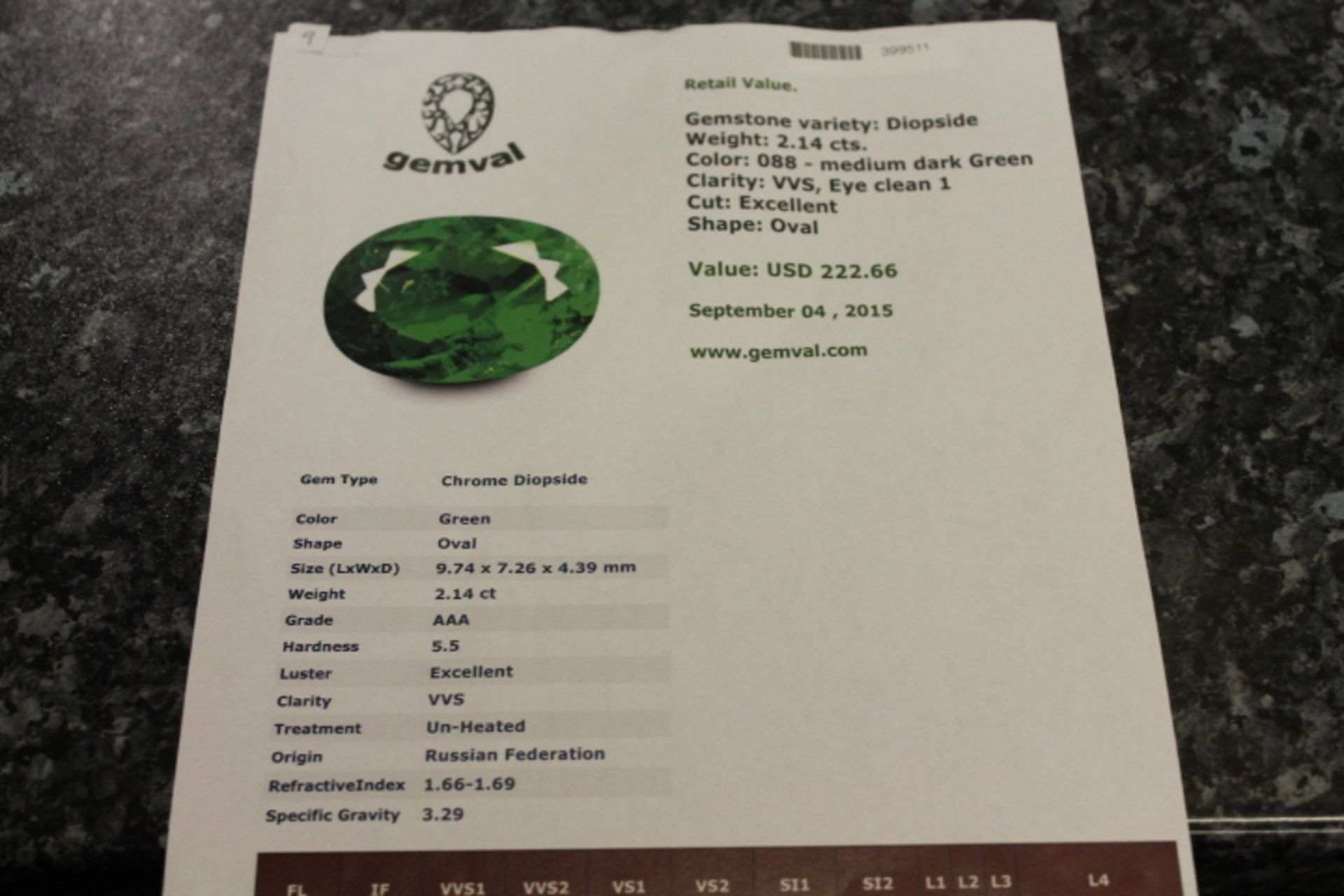 Diopside 3.14ct Gem With Certificate - Gem Valued At $222.66 (Approx £145.12) - Image 2 of 2