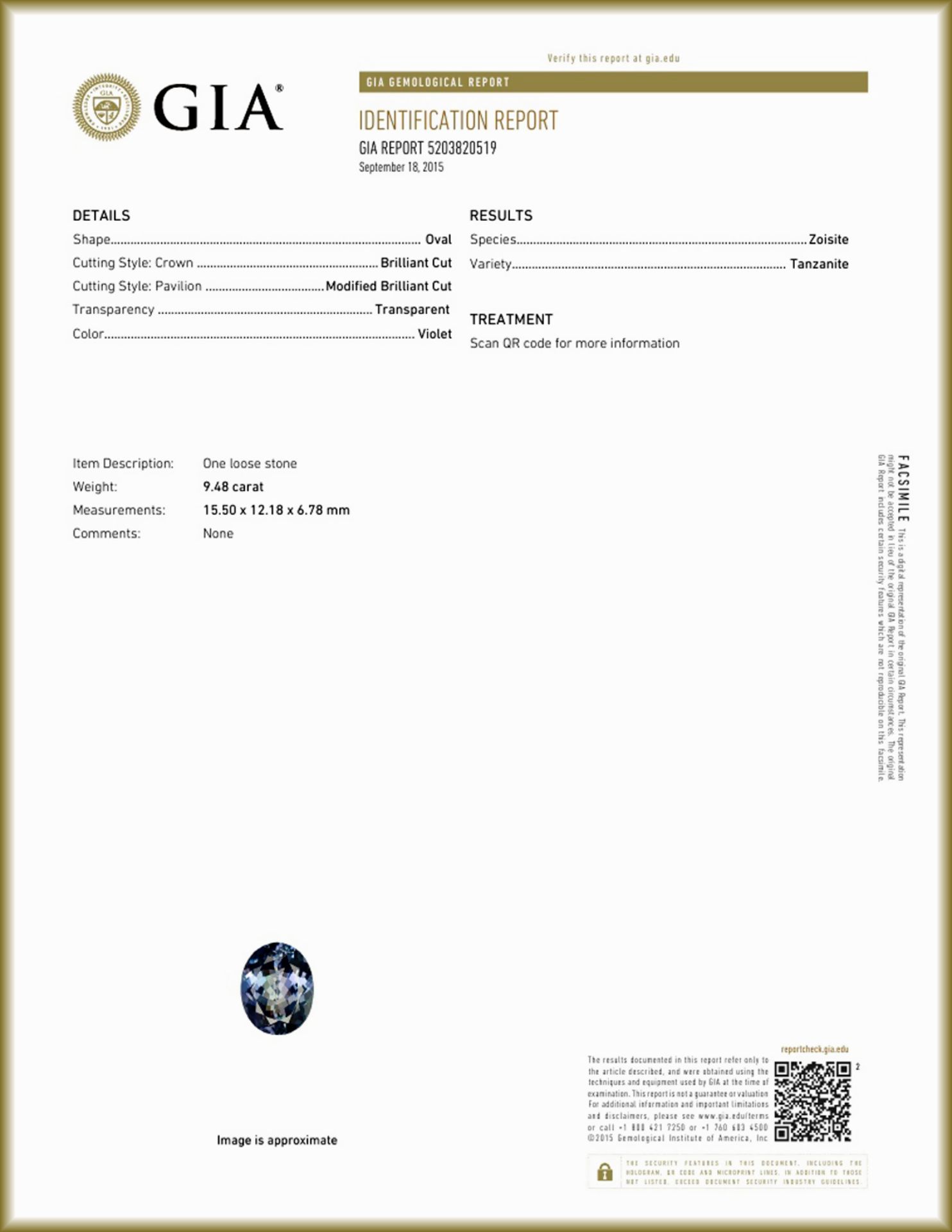 Tanzanite 9.48ct Gem With Certificate - Gem Valued At $11,294.97 (Approx £7369.57) - Image 2 of 3