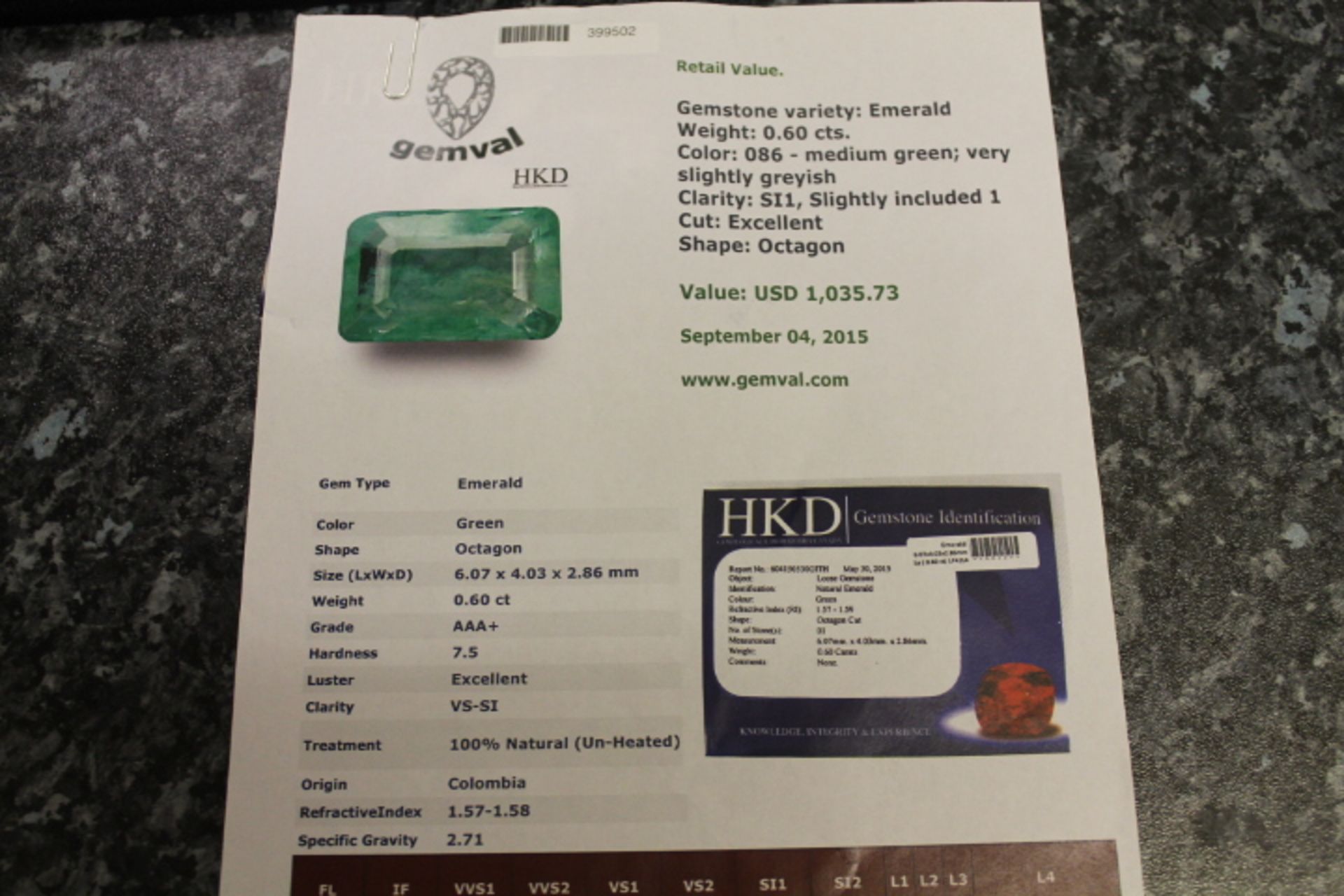 Emerald 0.6ct Gem With Certificate - Gem Valued At $1035.73 (Approx £675.78) - Image 3 of 3