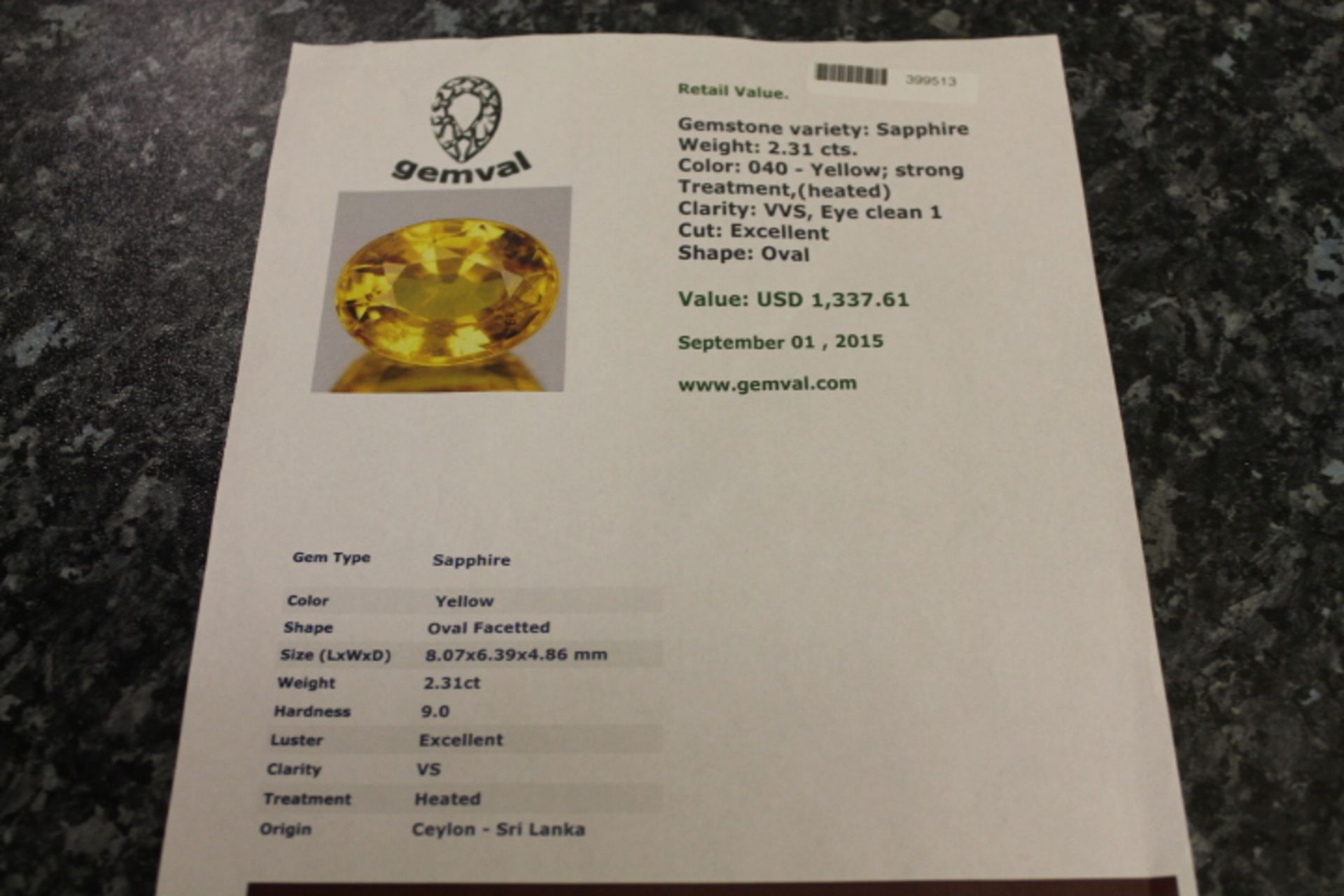 Sapphire Yellow 2.3ct Gem With Certificate - Gem Valued At $1337.61 (Approx £877.43) - Image 2 of 2