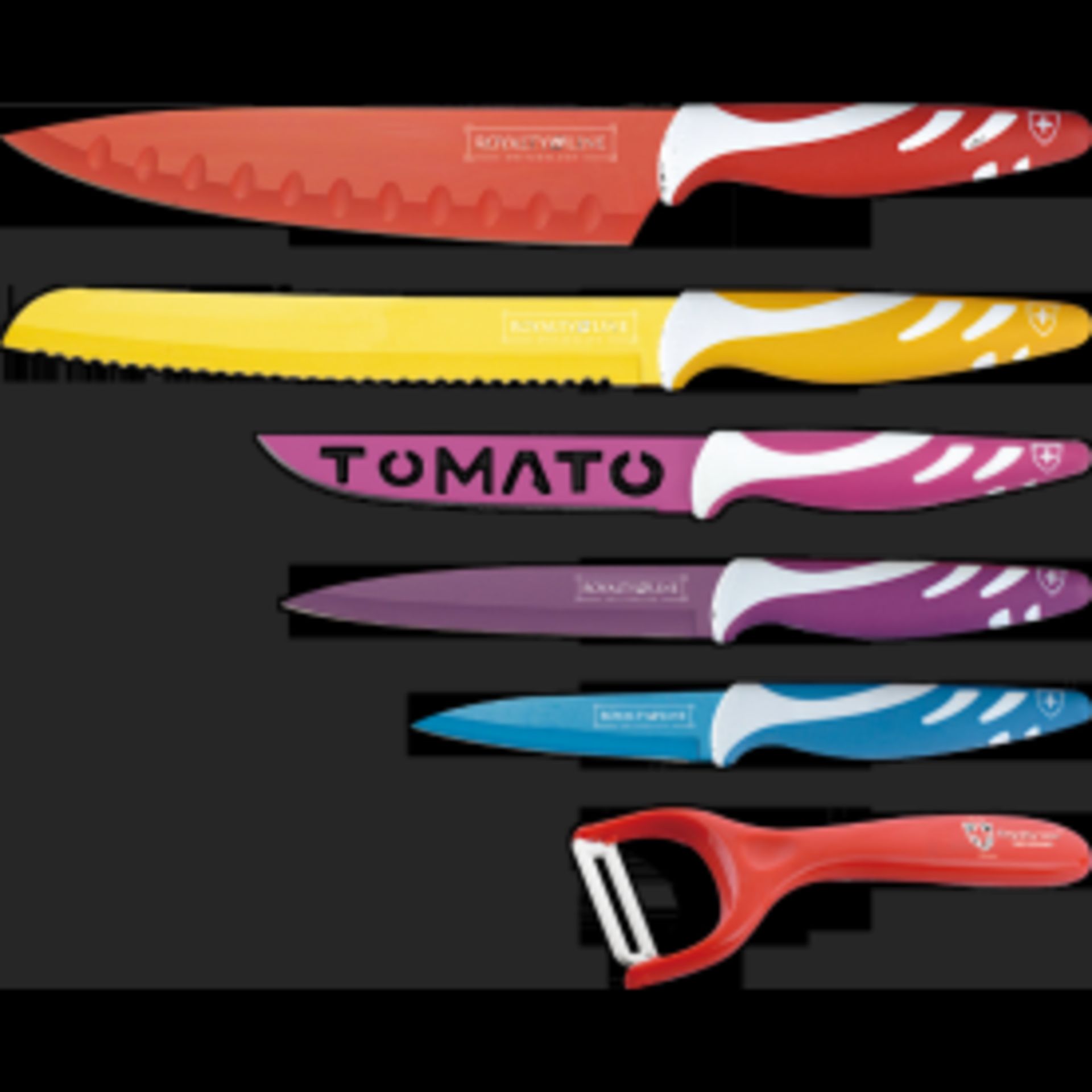 V Brand New Royalty Line 6 Piece Knife Set Non Stick Antibacterial Coated With Ceramic Peeler RRP 69