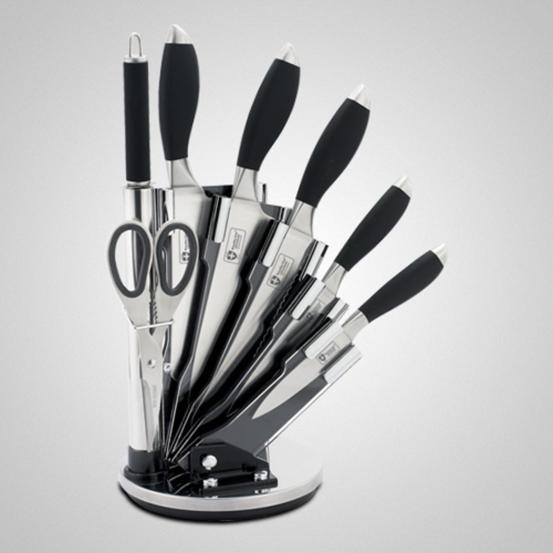 V Brand New Royalty 8Pc Knife Set with Swivel Stand inc Cleaver - Chef Knife - Bread Knife - Utility