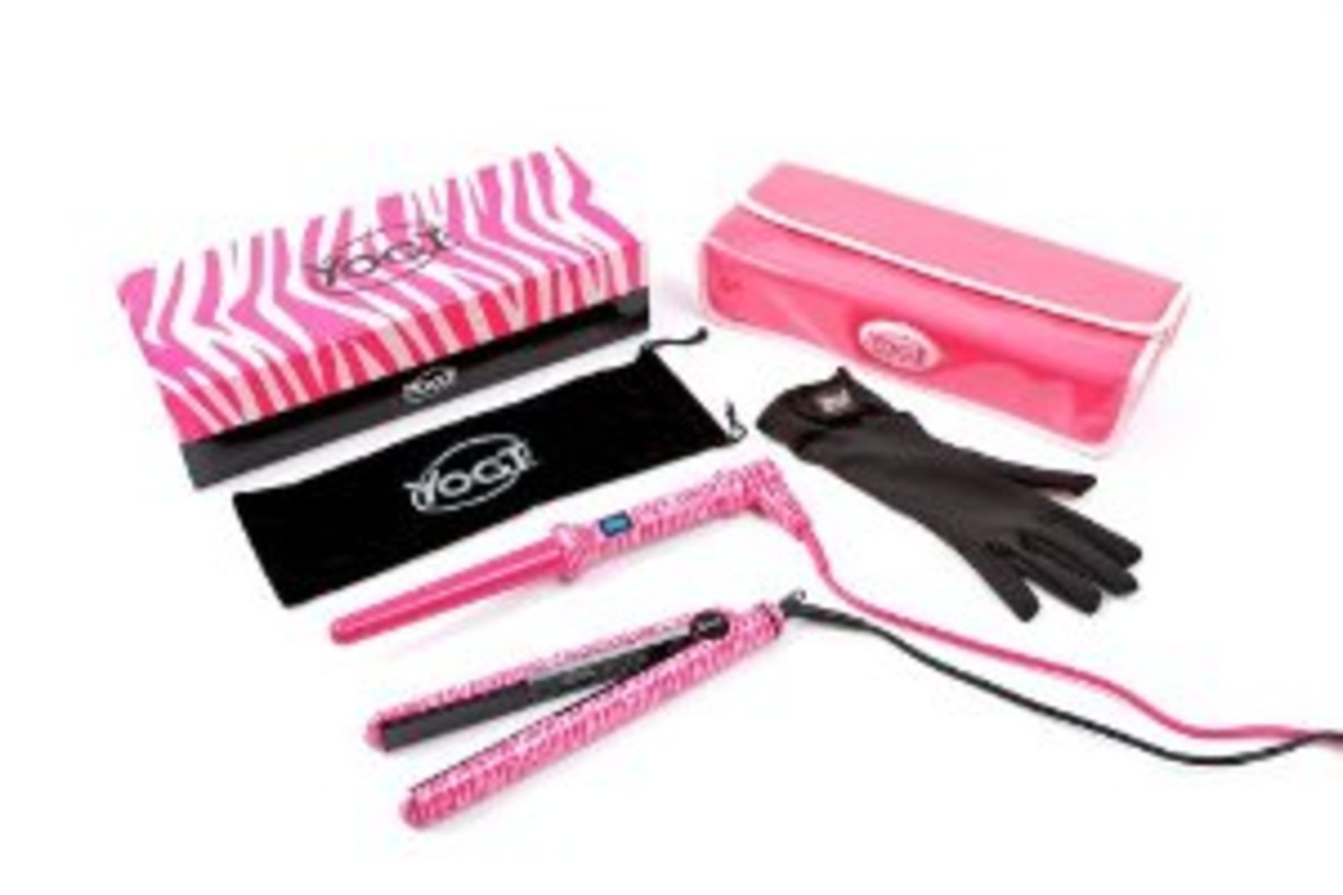V Brand New Yogi Gift Set Twin Pack Straightener And Wand In Zebra Pink Pattern RRP £129.95