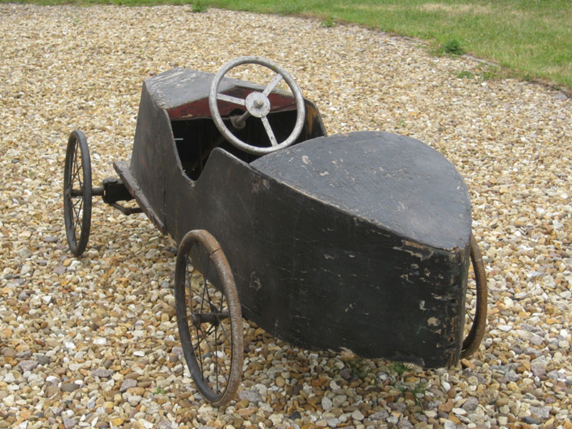 A rare early 20thC childs' pedal-car c1920; of painted plywood panels on wood & metal frame - Image 4 of 5